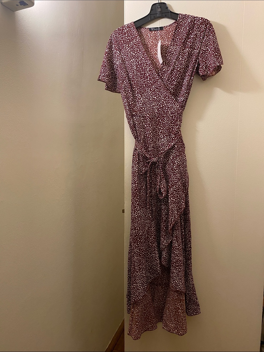 Women's Burgundy/White Wrap Midi Dress with Tie Waist
